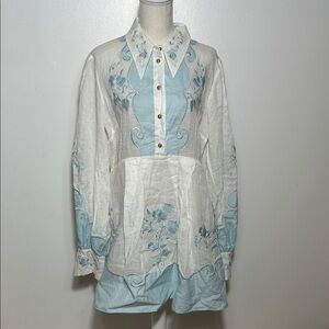 Alice McCall Vintage Style White and Blue Embroidered Blouse